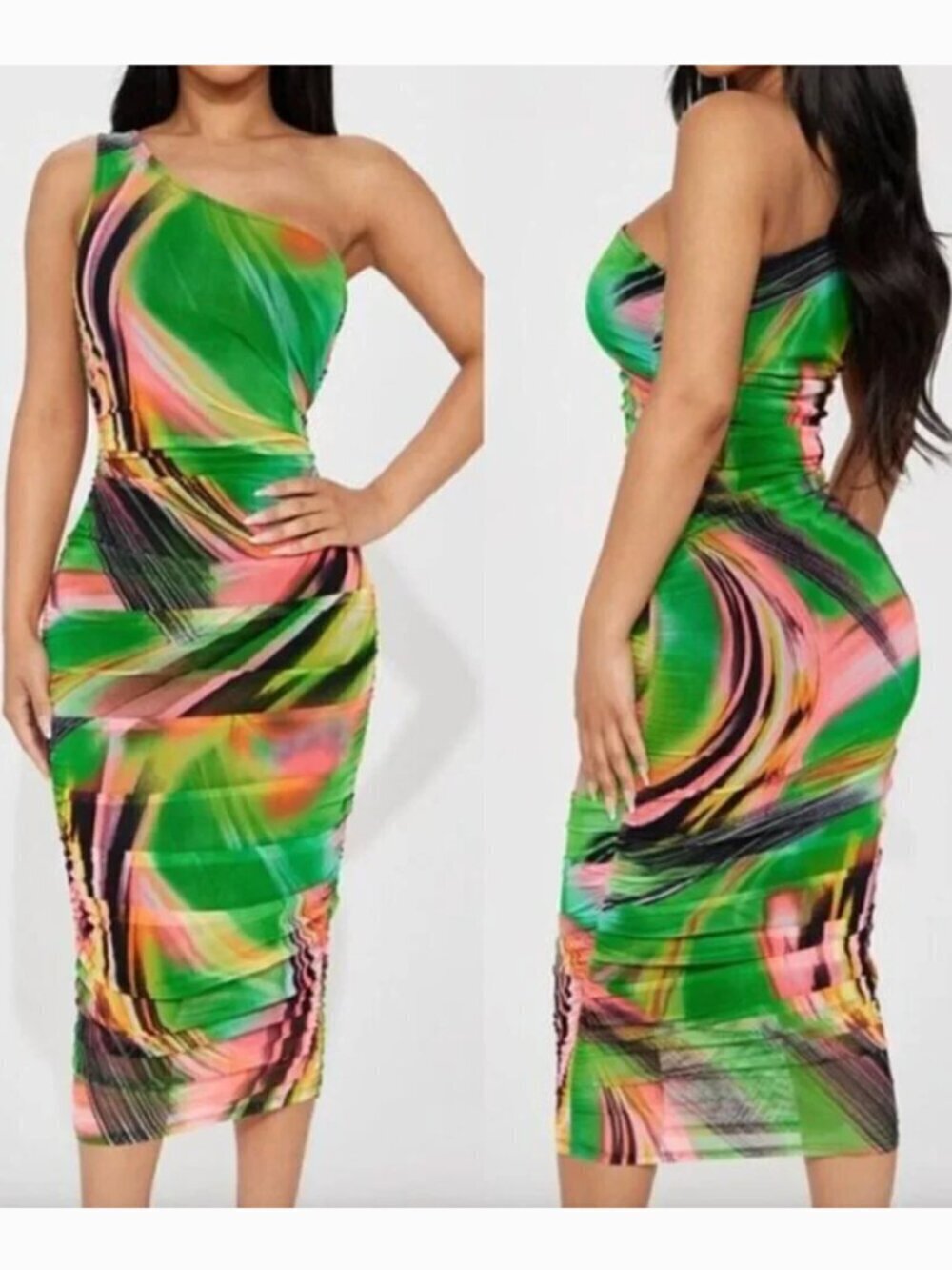 NEW NWT FASHION NOVA Mailee Mesh Midi Dress Green Neon Pink Black One Shoulder